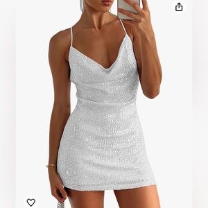 White sequin cross back mini dress XL